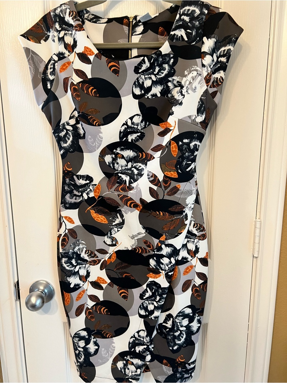 Bar III Floral Geometric Sheath Dress | Black Gray Orange Print | Size Small